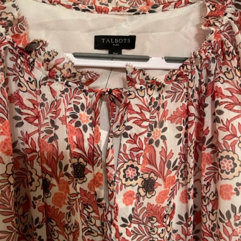 Talbots Coral and Cream Floral Peasant Blouse - Picture 2 of 5